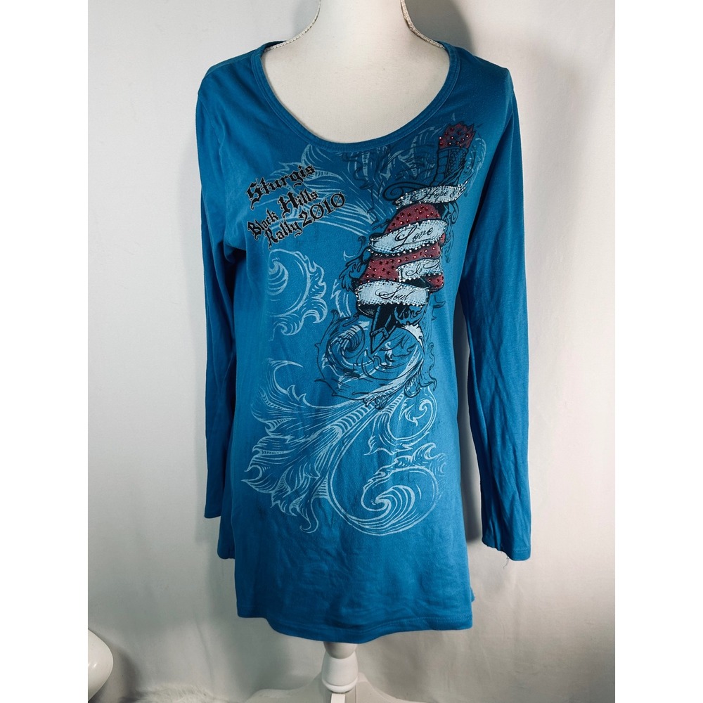 Sturgis Black Hills Rally 2010 Graphic Long Sleeve‎ Teal Rhinestone Wings L
